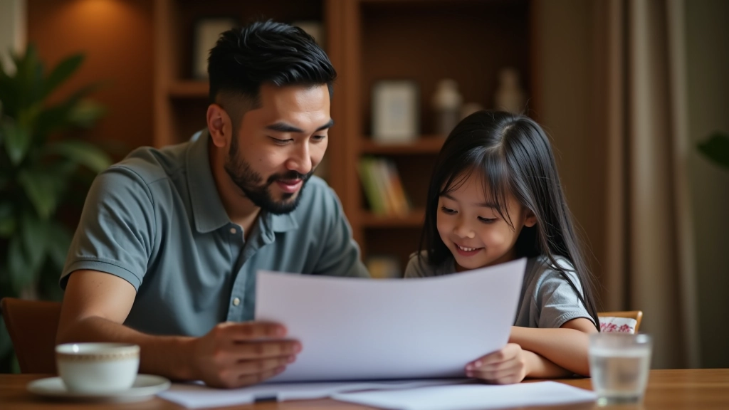 Parent and child reviewing education savings plan at home desk