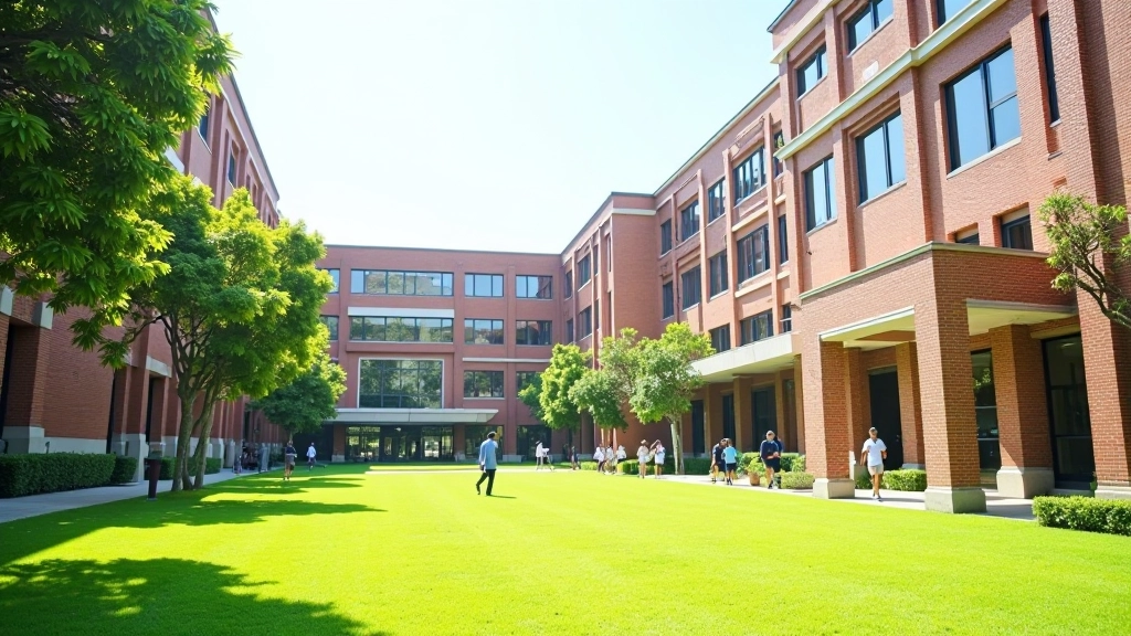 University campus buildings with students walking on grounds and modern architecture
