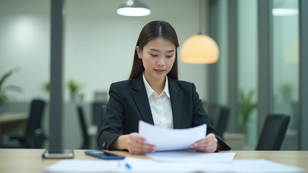 Professional woman reviewing financial documents and education fund statements at modern office desk